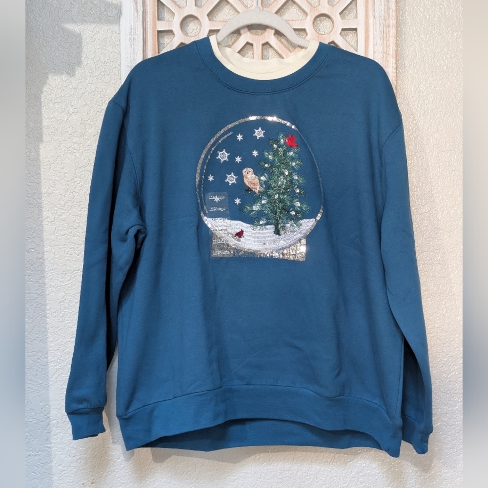 NWT Margaux & Lexi Christmas Snow Globe Pullover Sweatshirt Blue Size XXL Winter